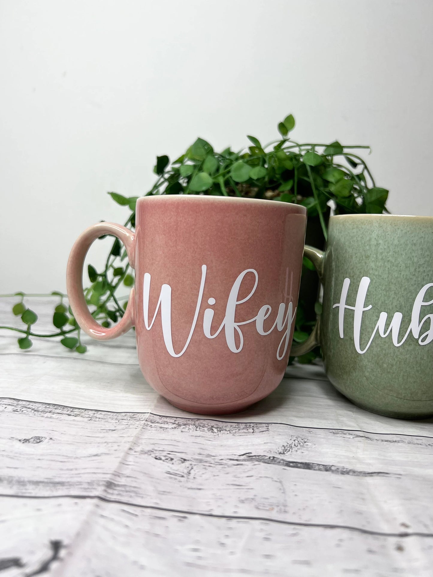 Hubby and Wifey  Pink and Green Mug with White writing Mug set 380ml