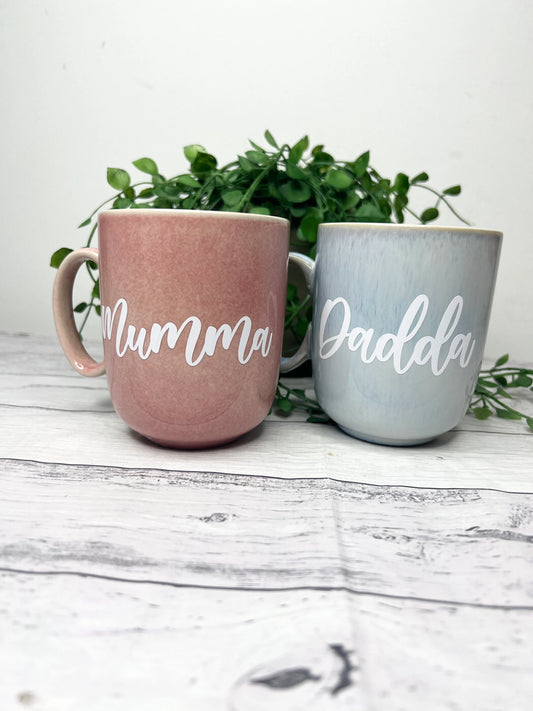 Mamma and Dadda Pink and Blue Mug with White writing Mug set 380ml