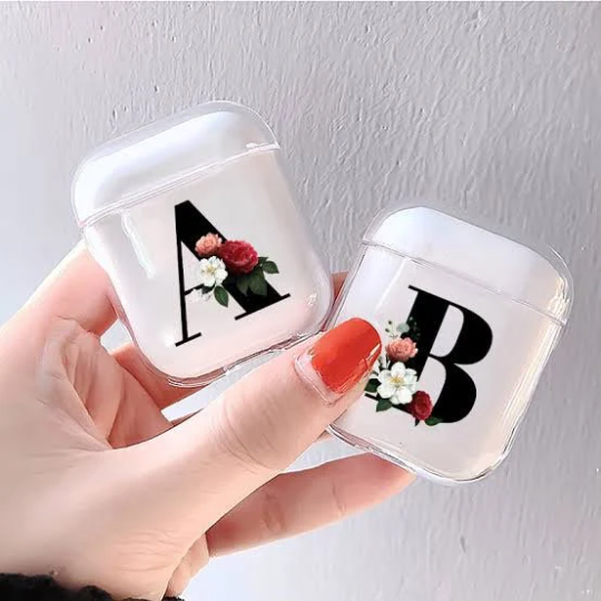 Air pods clear black floral initial case AIRPOD 1/2